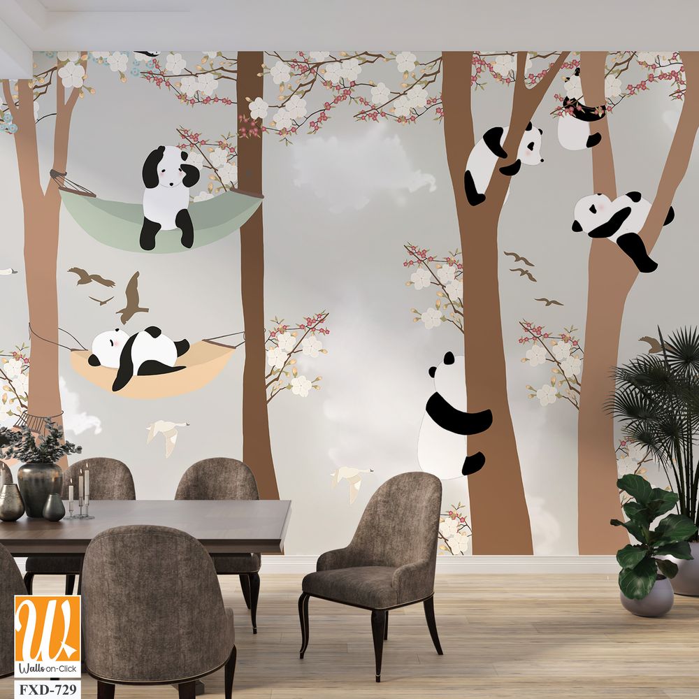 Cute cartoon pandas hanging out in the trees Wallpaper [WP-FXD-729]