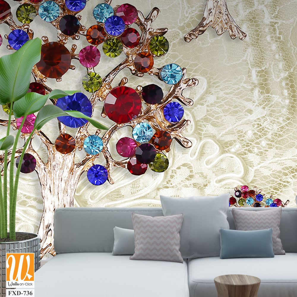 3D textured trees with colorful jewels, pearls, and deer Wallpaper [WP-FXD-736]