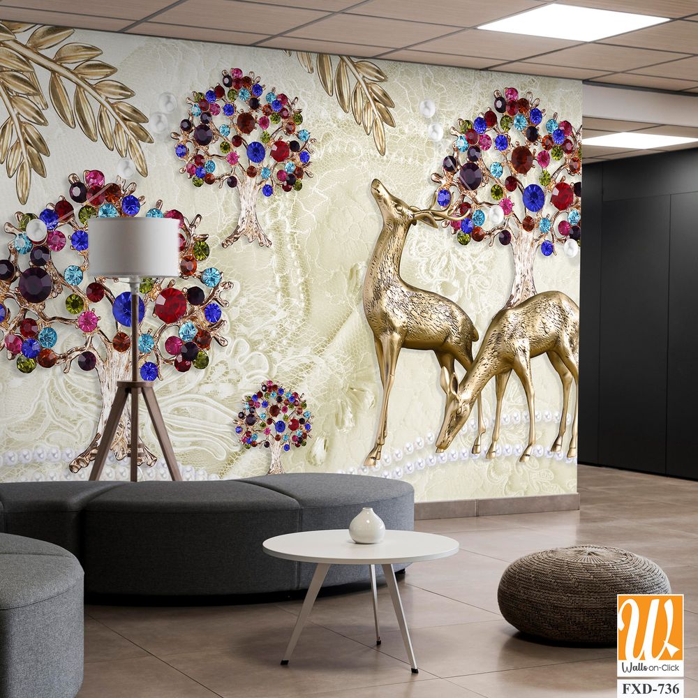 3D textured trees with colorful jewels, pearls, and deer Wallpaper [WP-FXD-736]
