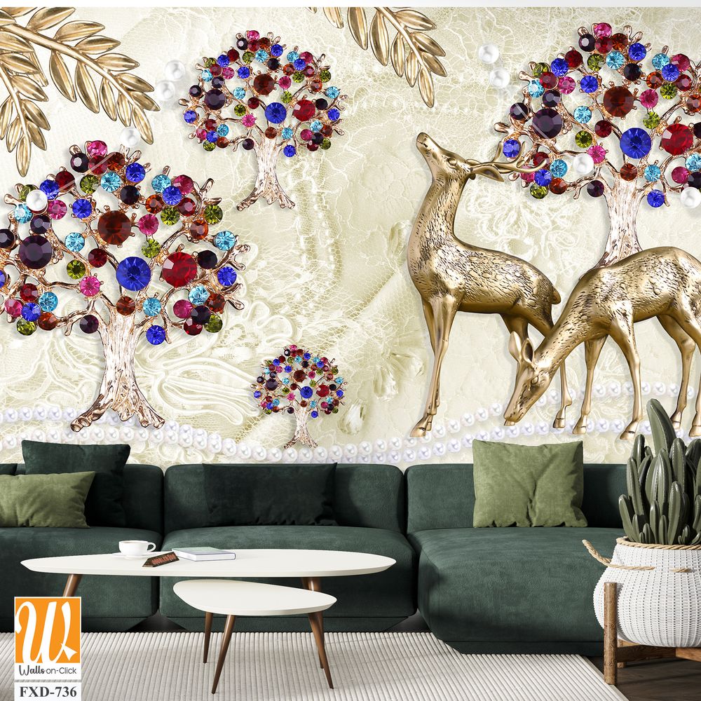 3D textured trees with colorful jewels, pearls, and deer Wallpaper [WP-FXD-736]