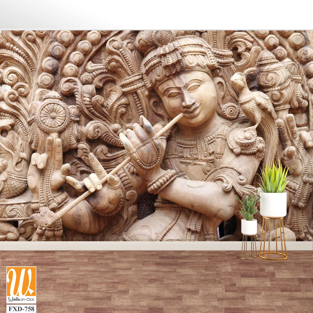 Wooden carving of Lord Krishna playing the flute Wallpaper [WP-FXD-758]