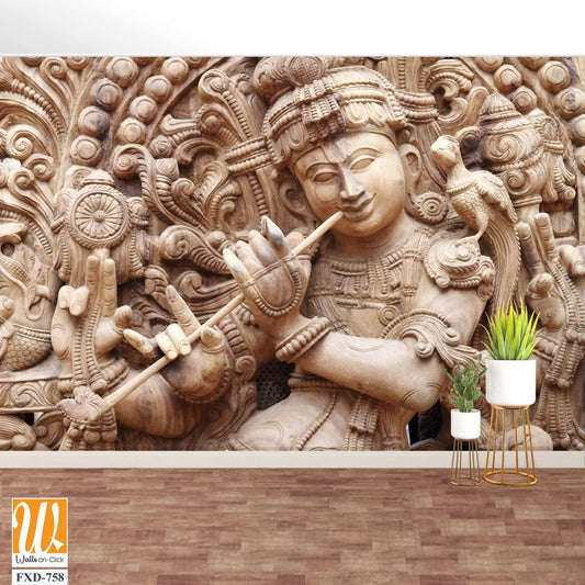 Wooden carving of Lord Krishna playing the flute Wallpaper [WP-FXD-758]