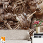 Wooden carving of Lord Krishna playing the flute Wallpaper [WP-FXD-758]