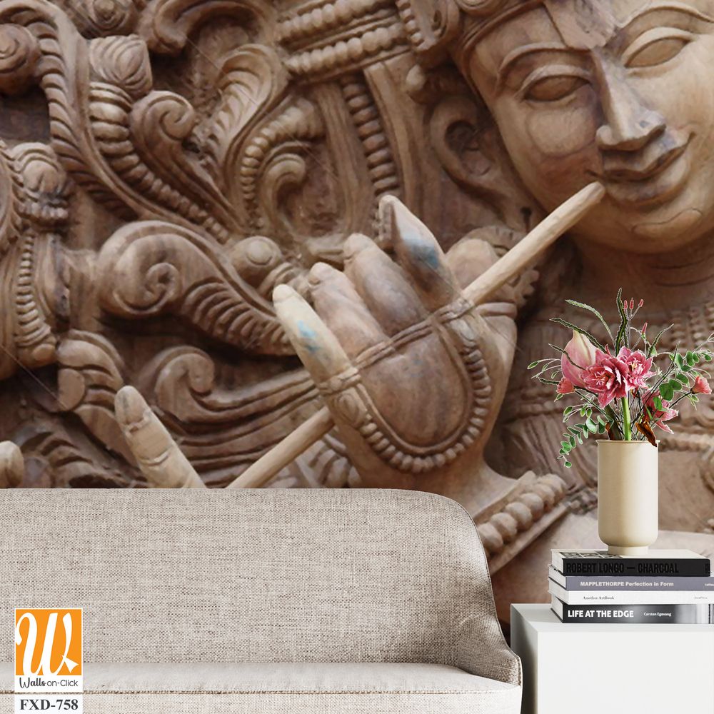 Wooden carving of Lord Krishna playing the flute Wallpaper [WP-FXD-758]
