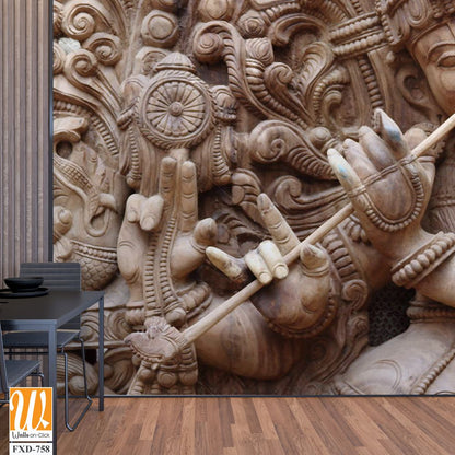 Wooden carving of Lord Krishna playing the flute Wallpaper [WP-FXD-758]
