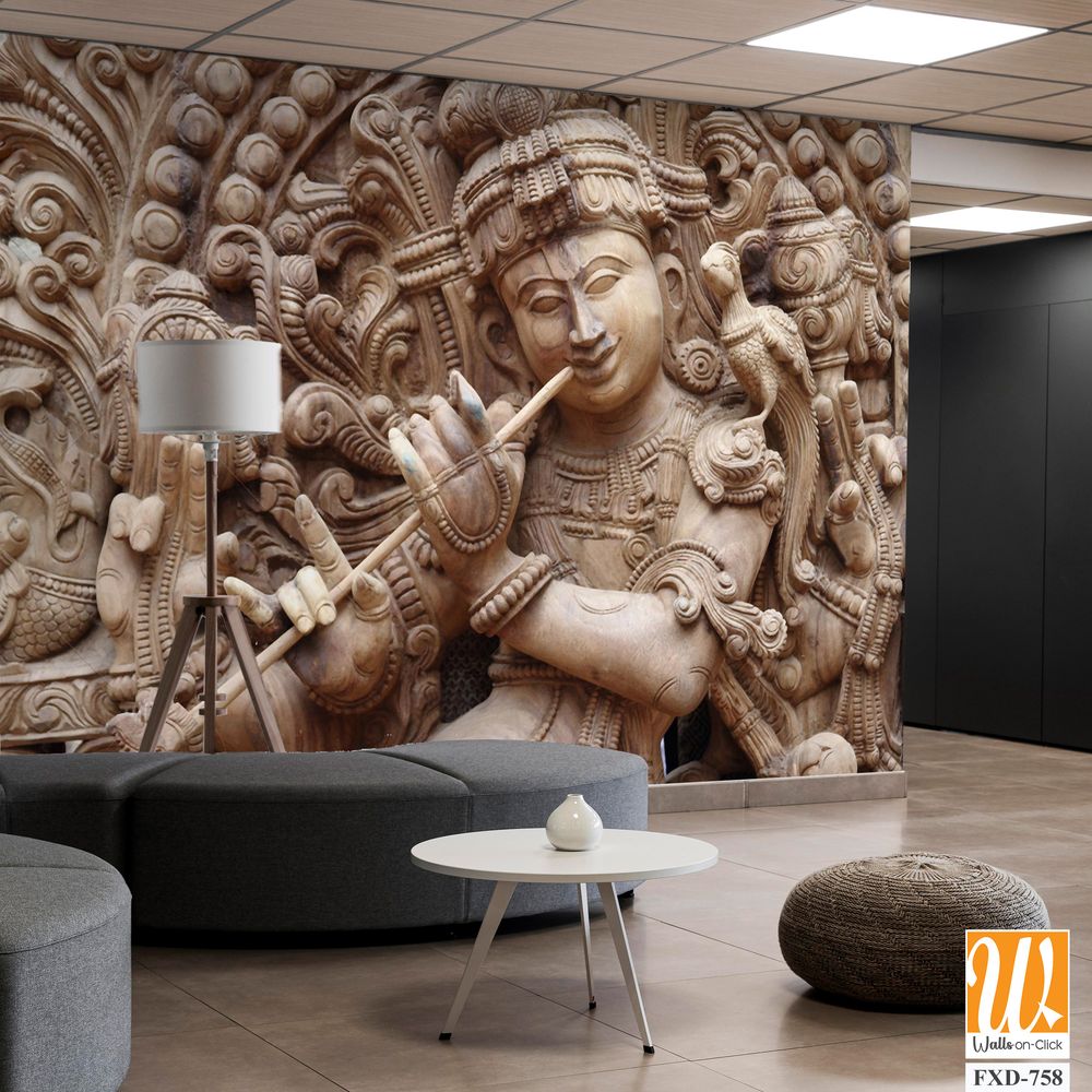 Wooden carving of Lord Krishna playing the flute Wallpaper [WP-FXD-758]