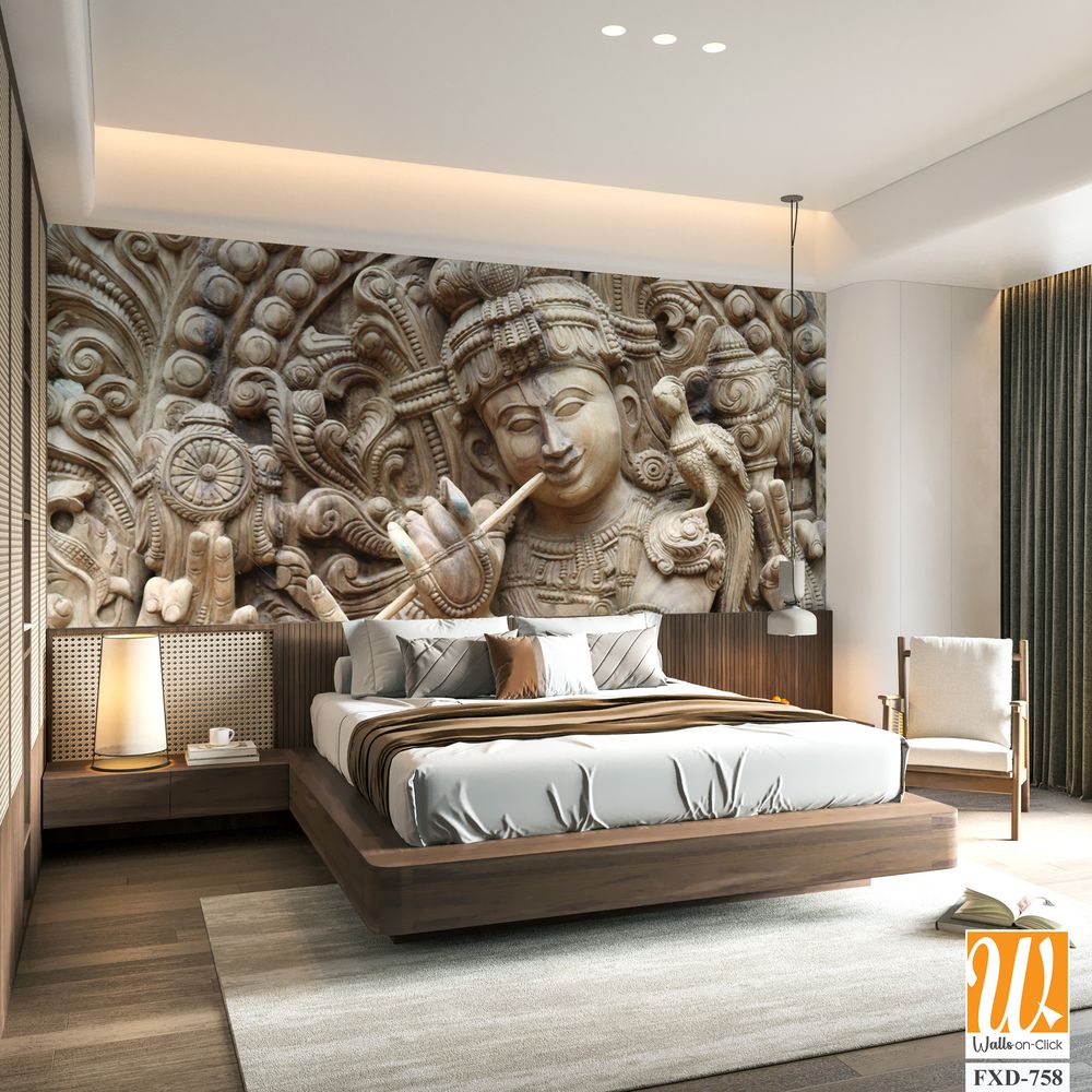 Wooden carving of Lord Krishna playing the flute Wallpaper [WP-FXD-758]