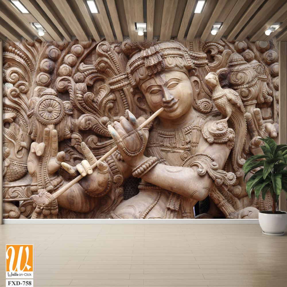 Wooden carving of Lord Krishna playing the flute Wallpaper [WP-FXD-758]