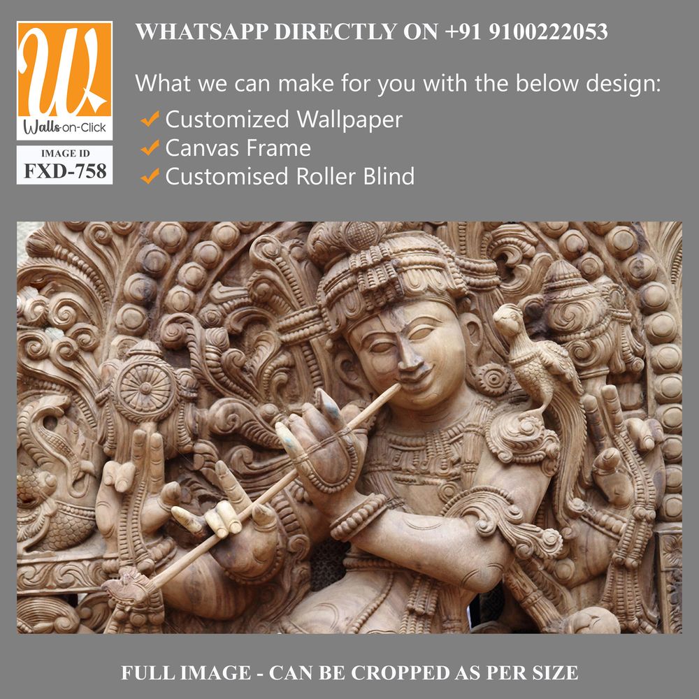 Wooden carving of Lord Krishna playing the flute Wallpaper [WP-FXD-758]