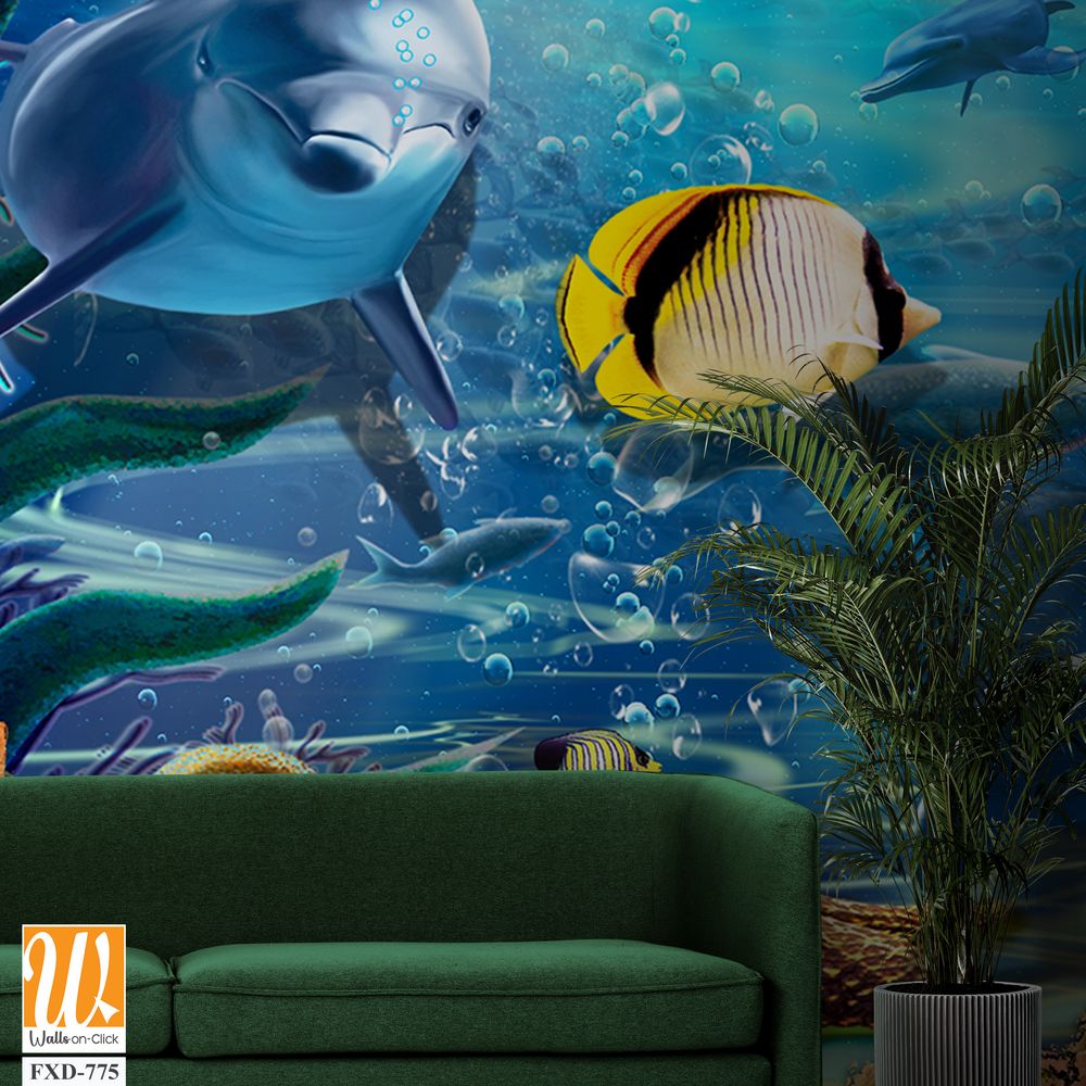 Cartoon mural depicting a brick wall with dolphins Wallpaper [WP-FXD-775]