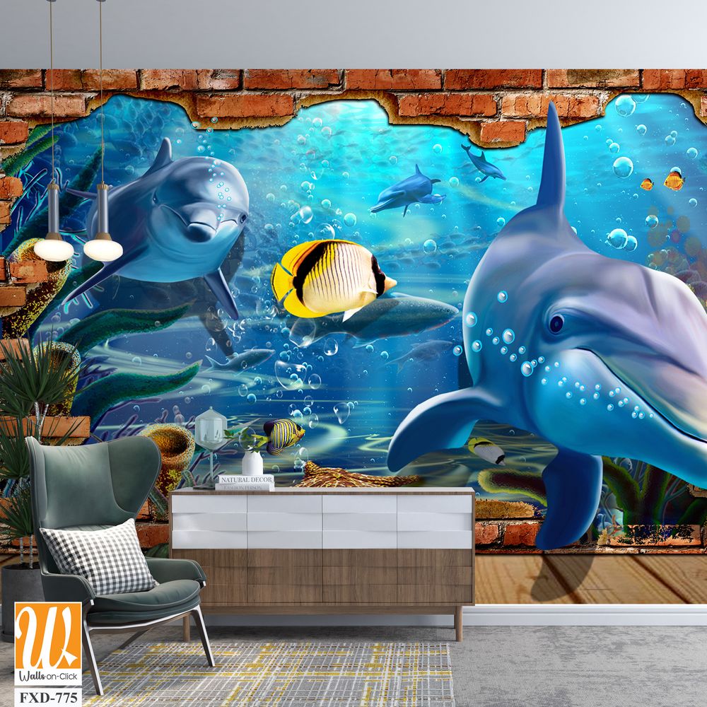 Cartoon mural depicting a brick wall with dolphins Wallpaper [WP-FXD-775]