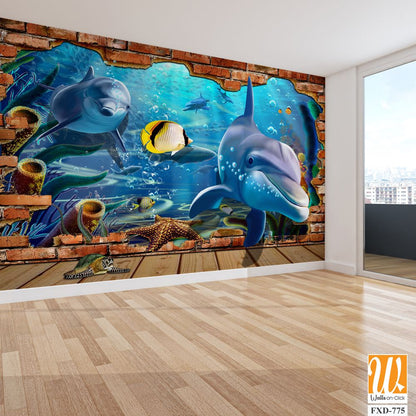 Cartoon mural depicting a brick wall with dolphins Wallpaper [WP-FXD-775]