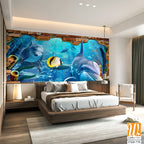 Cartoon mural depicting a brick wall with dolphins Wallpaper [WP-FXD-775]