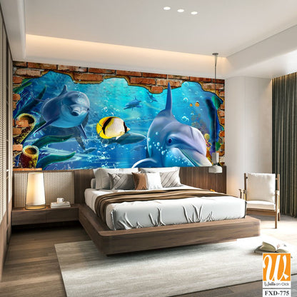 Cartoon mural depicting a brick wall with dolphins Wallpaper [WP-FXD-775]