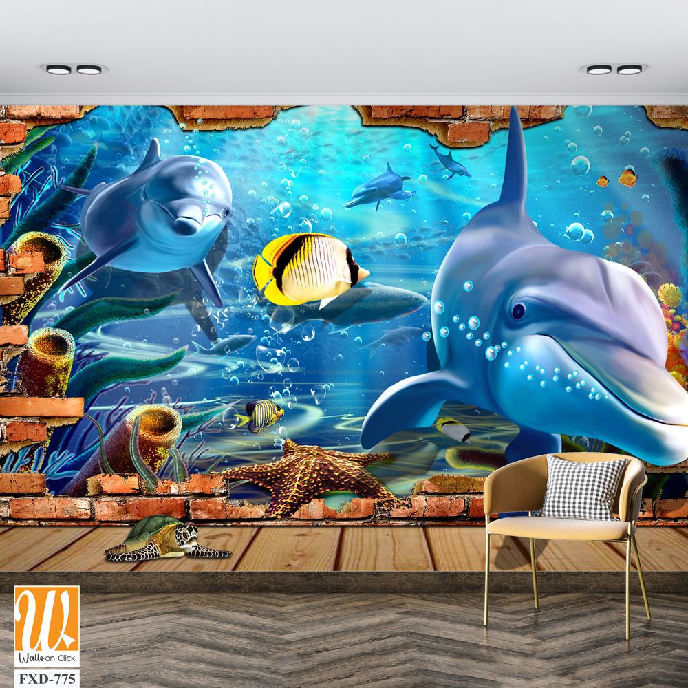Cartoon mural depicting a brick wall with dolphins Wallpaper [WP-FXD-775]