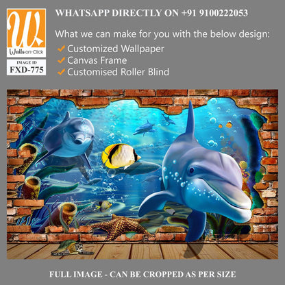 Cartoon mural depicting a brick wall with dolphins Wallpaper [WP-FXD-775]