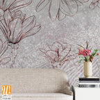 Floral background on a gray wall. Drawn flowers on a concrete background. Wall mural with magnolia flowers and geometry. Design for wall mural, postcard, wallpaper, photo wallpaper. [WP-FXH-081]
