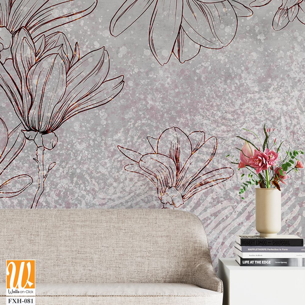 Floral background on a gray wall. Drawn flowers on a concrete background. Wall mural with magnolia flowers and geometry. Design for wall mural, postcard, wallpaper, photo wallpaper. [WP-FXH-081]