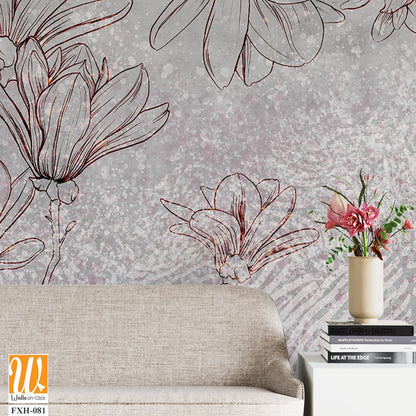 Floral background on a gray wall. Drawn flowers on a concrete background. Wall mural with magnolia flowers and geometry. Design for wall mural, postcard, wallpaper, photo wallpaper. [WP-FXH-081]