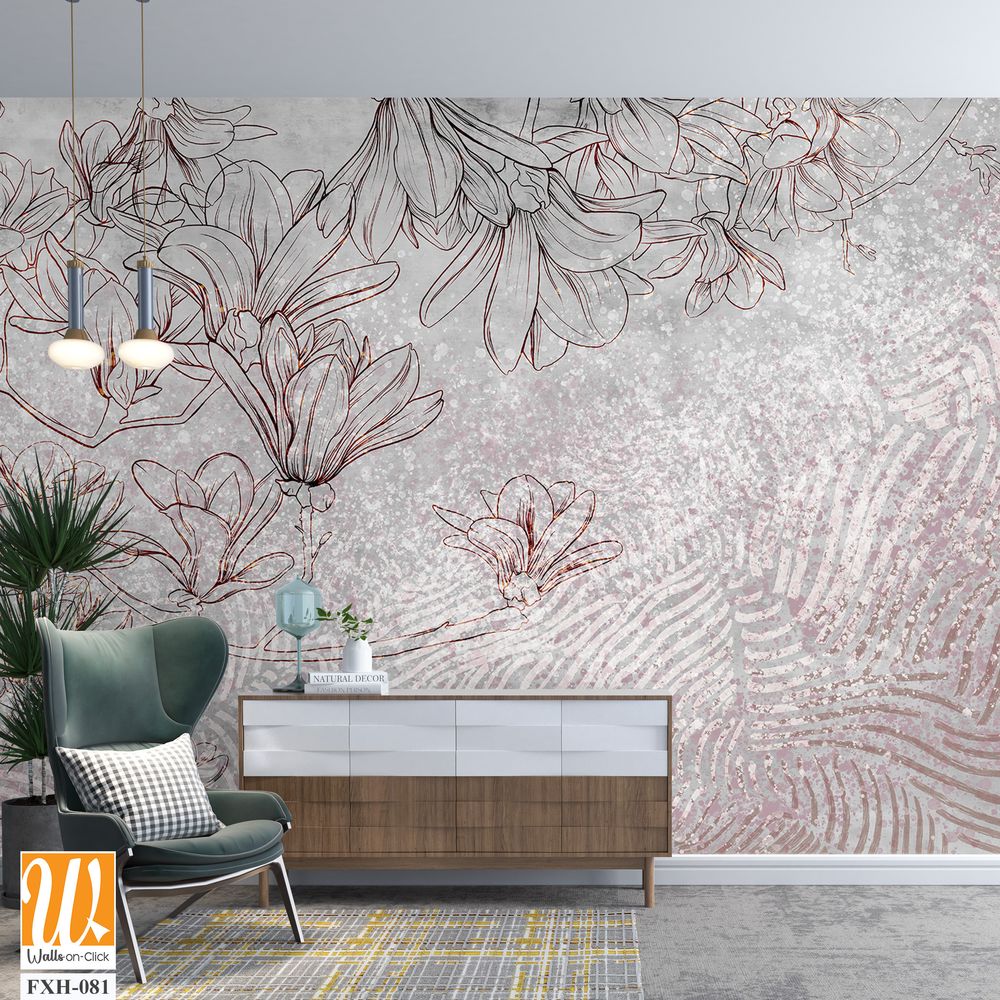 Floral background on a gray wall. Drawn flowers on a concrete background. Wall mural with magnolia flowers and geometry. Design for wall mural, postcard, wallpaper, photo wallpaper. [WP-FXH-081]