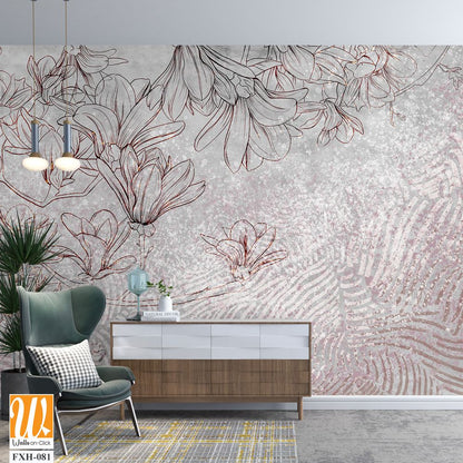 Floral background on a gray wall. Drawn flowers on a concrete background. Wall mural with magnolia flowers and geometry. Design for wall mural, postcard, wallpaper, photo wallpaper. [WP-FXH-081]