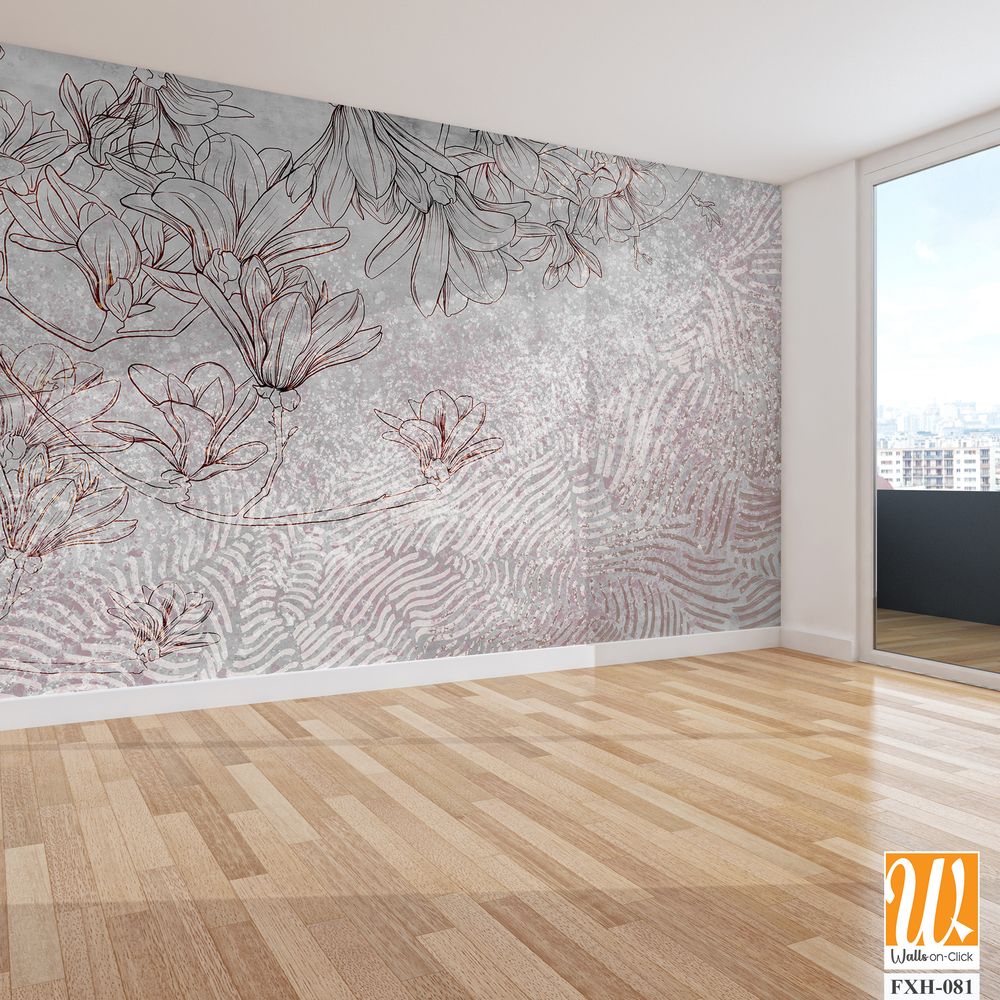 Floral background on a gray wall. Drawn flowers on a concrete background. Wall mural with magnolia flowers and geometry. Design for wall mural, postcard, wallpaper, photo wallpaper. [WP-FXH-081]