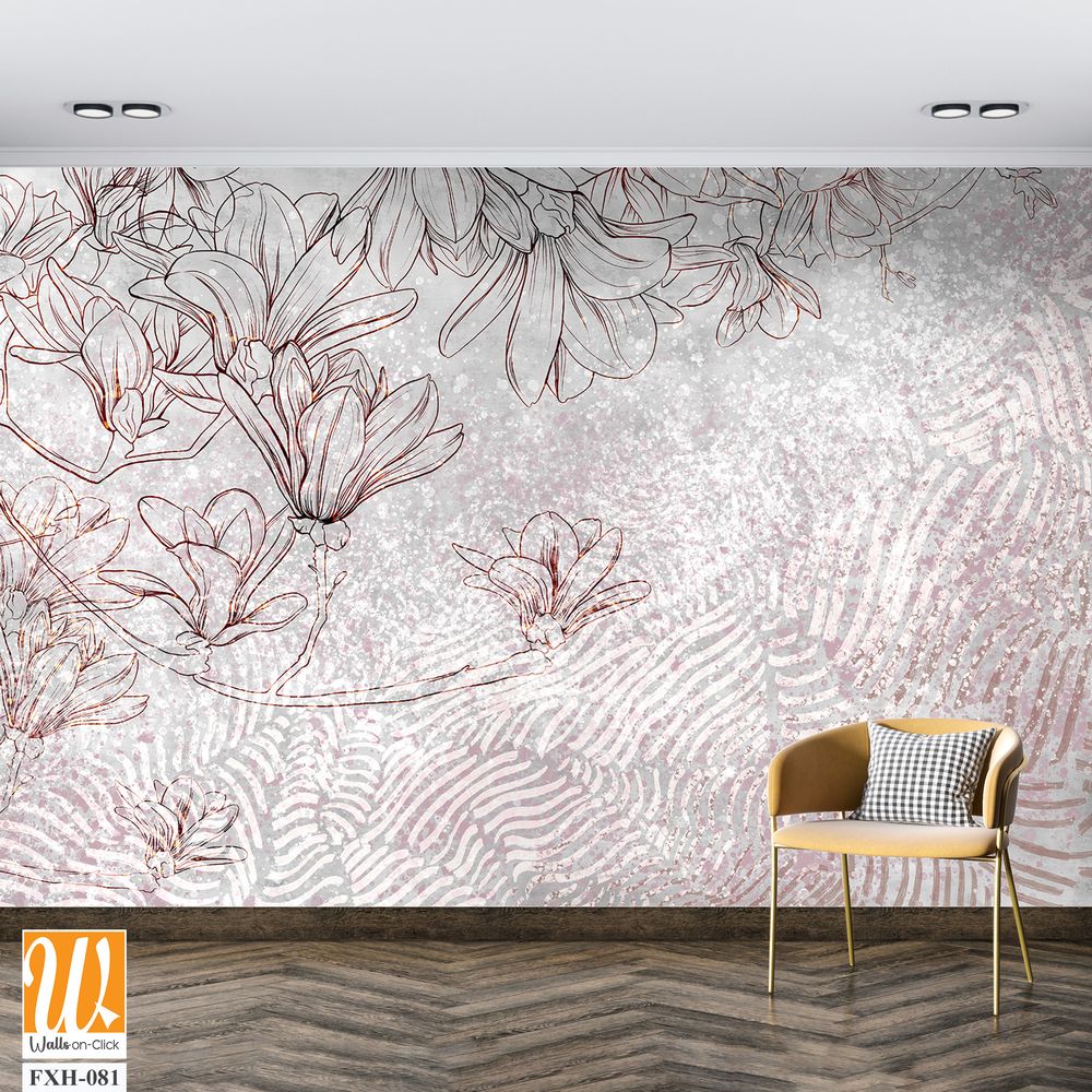 Floral background on a gray wall. Drawn flowers on a concrete background. Wall mural with magnolia flowers and geometry. Design for wall mural, postcard, wallpaper, photo wallpaper. [WP-FXH-081]