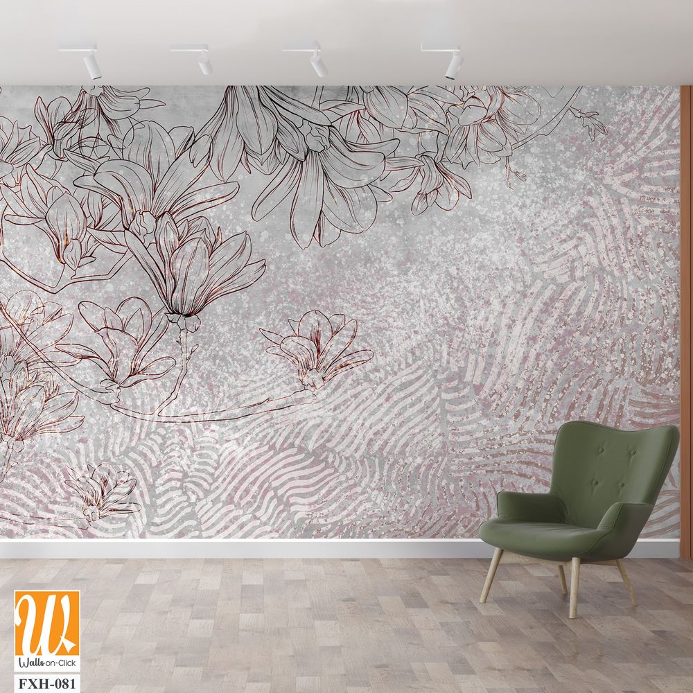 Floral background on a gray wall. Drawn flowers on a concrete background. Wall mural with magnolia flowers and geometry. Design for wall mural, postcard, wallpaper, photo wallpaper. [WP-FXH-081]