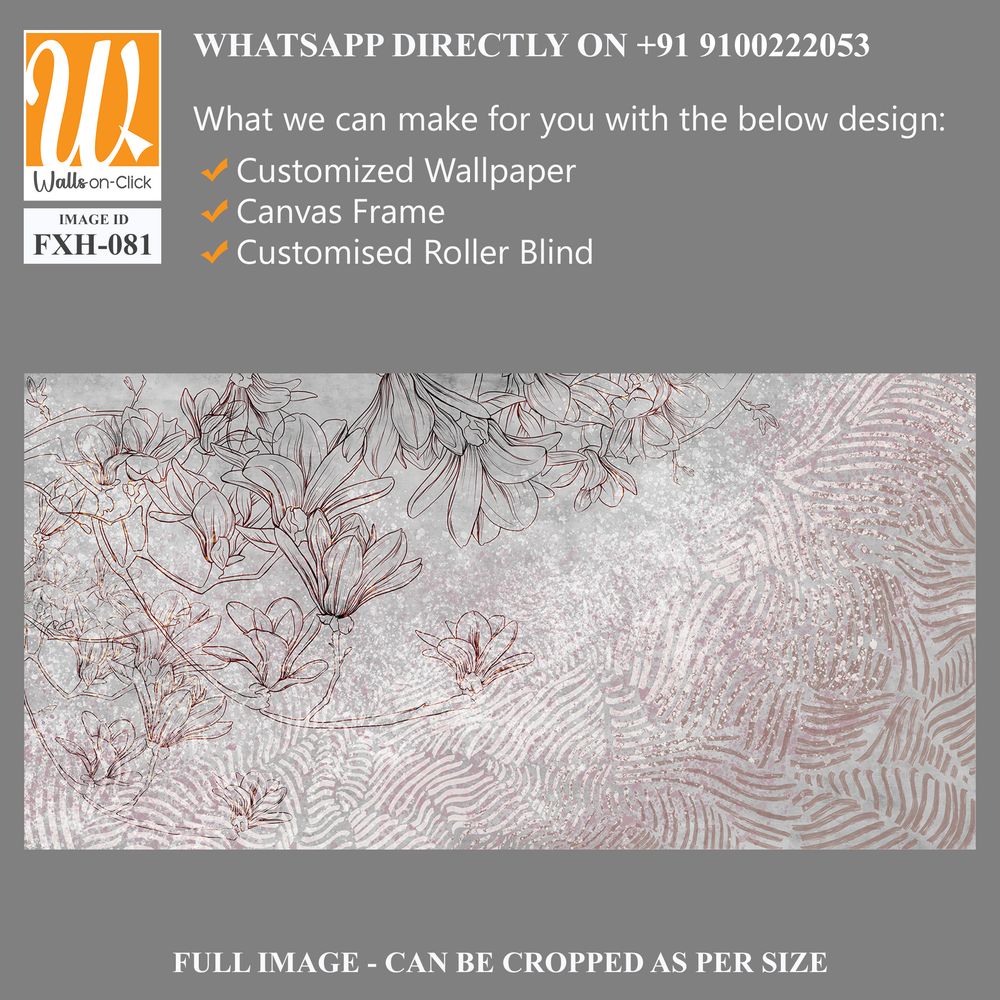 Floral background on a gray wall. Drawn flowers on a concrete background. Wall mural with magnolia flowers and geometry. Design for wall mural, postcard, wallpaper, photo wallpaper. [WP-FXH-081]