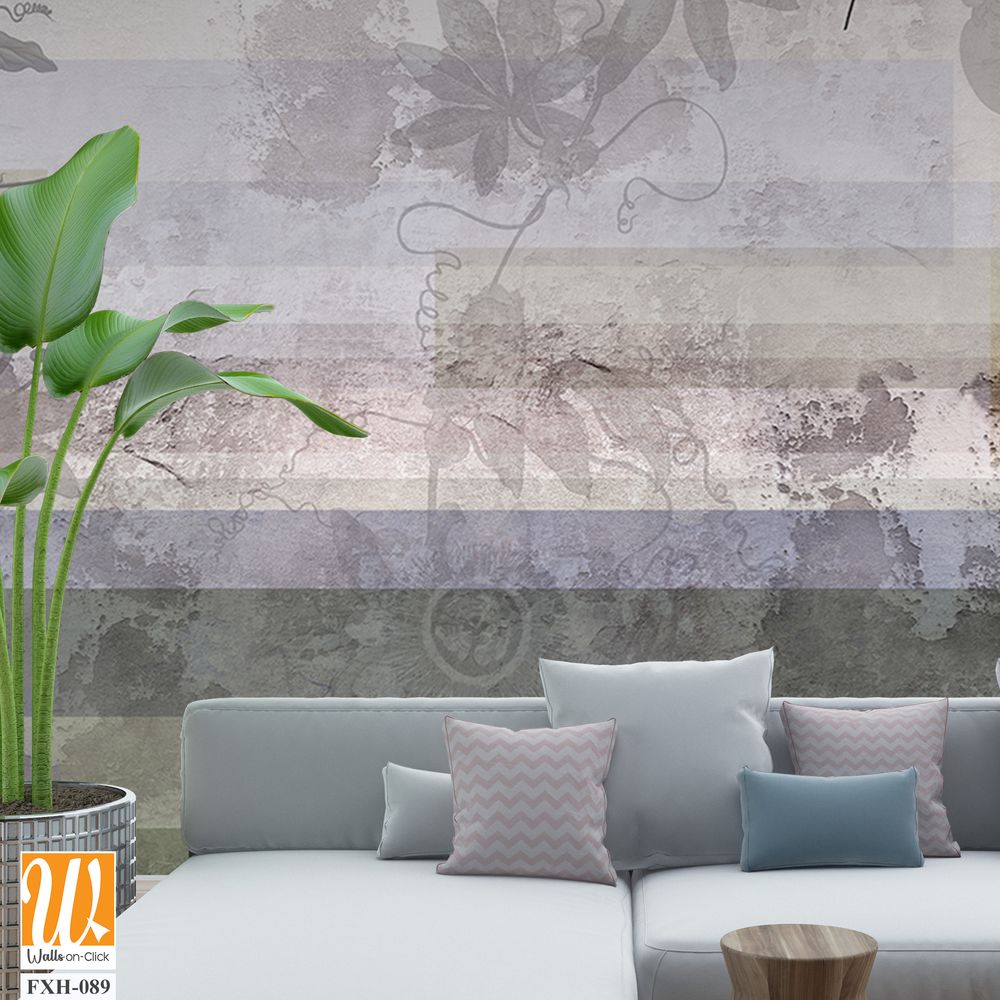 Painted tropic flowers on gray textured concrete wall. Passiflora flowers. Stunningly beautiful, vintage, modern wall murals, wallpaper, photowallpaper, cover, postcard on an concrete background. [WP-FXH-089]
