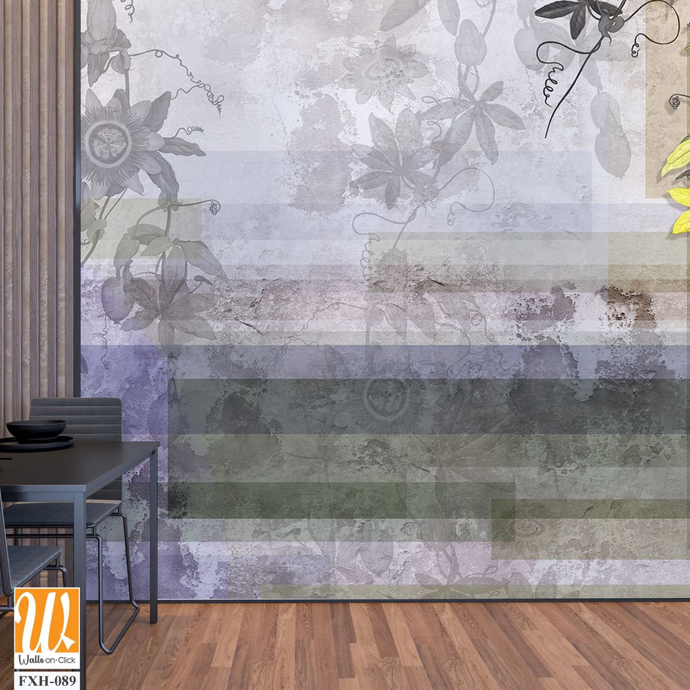 Painted tropic flowers on gray textured concrete wall. Passiflora flowers. Stunningly beautiful, vintage, modern wall murals, wallpaper, photowallpaper, cover, postcard on an concrete background. [WP-FXH-089]