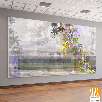 Painted tropic flowers on gray textured concrete wall. Passiflora flowers. Stunningly beautiful, vintage, modern wall murals, wallpaper, photowallpaper, cover, postcard on an concrete background. [WP-FXH-089]