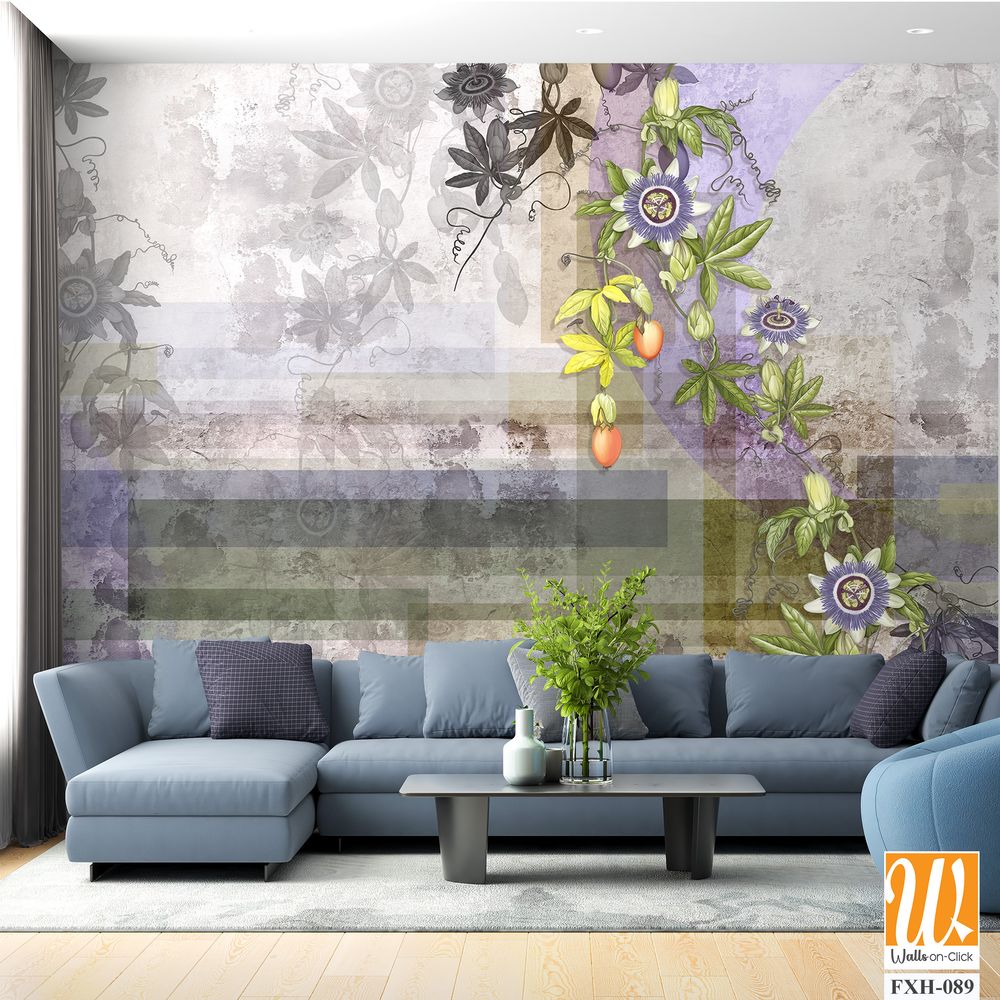 Painted tropic flowers on gray textured concrete wall. Passiflora flowers. Stunningly beautiful, vintage, modern wall murals, wallpaper, photowallpaper, cover, postcard on an concrete background. [WP-FXH-089]