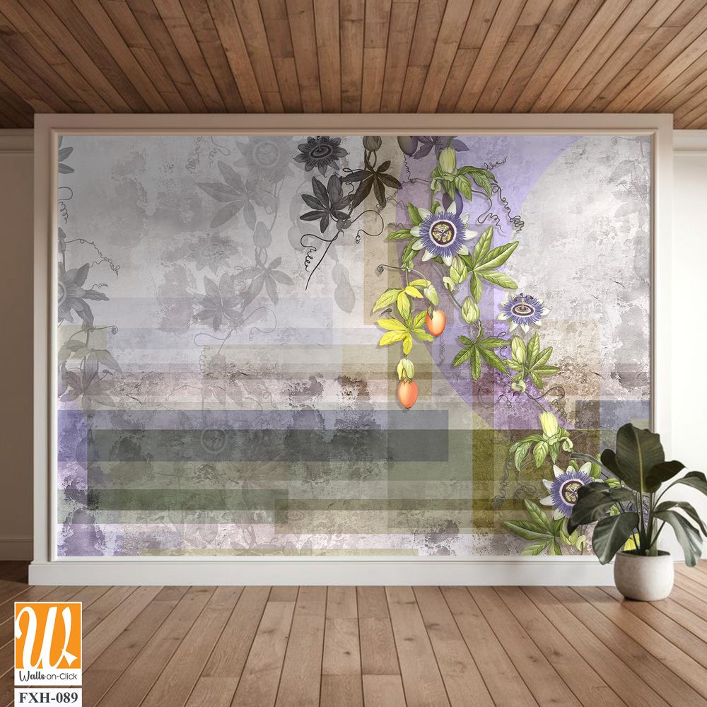 Painted tropic flowers on gray textured concrete wall. Passiflora flowers. Stunningly beautiful, vintage, modern wall murals, wallpaper, photowallpaper, cover, postcard on an concrete background. [WP-FXH-089]