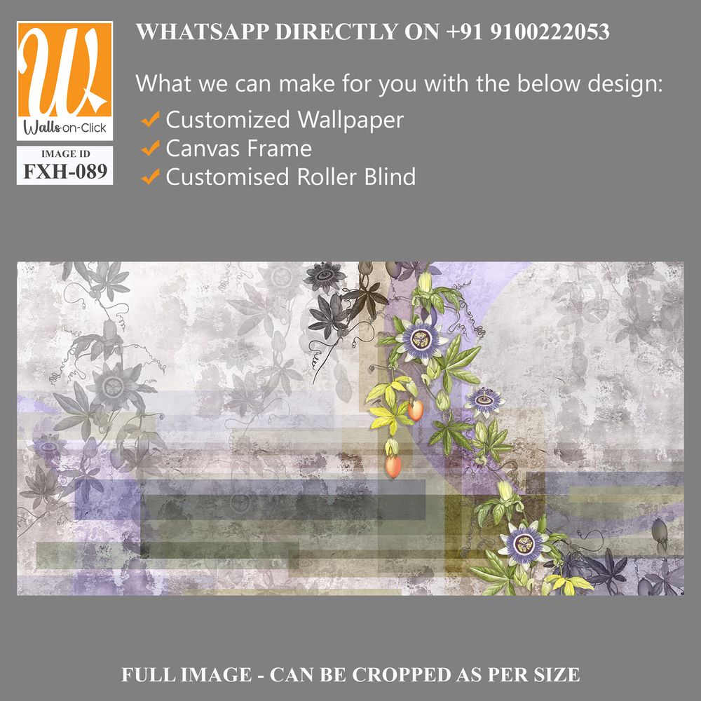 Painted tropic flowers on gray textured concrete wall. Passiflora flowers. Stunningly beautiful, vintage, modern wall murals, wallpaper, photowallpaper, cover, postcard on an concrete background. [WP-FXH-089]