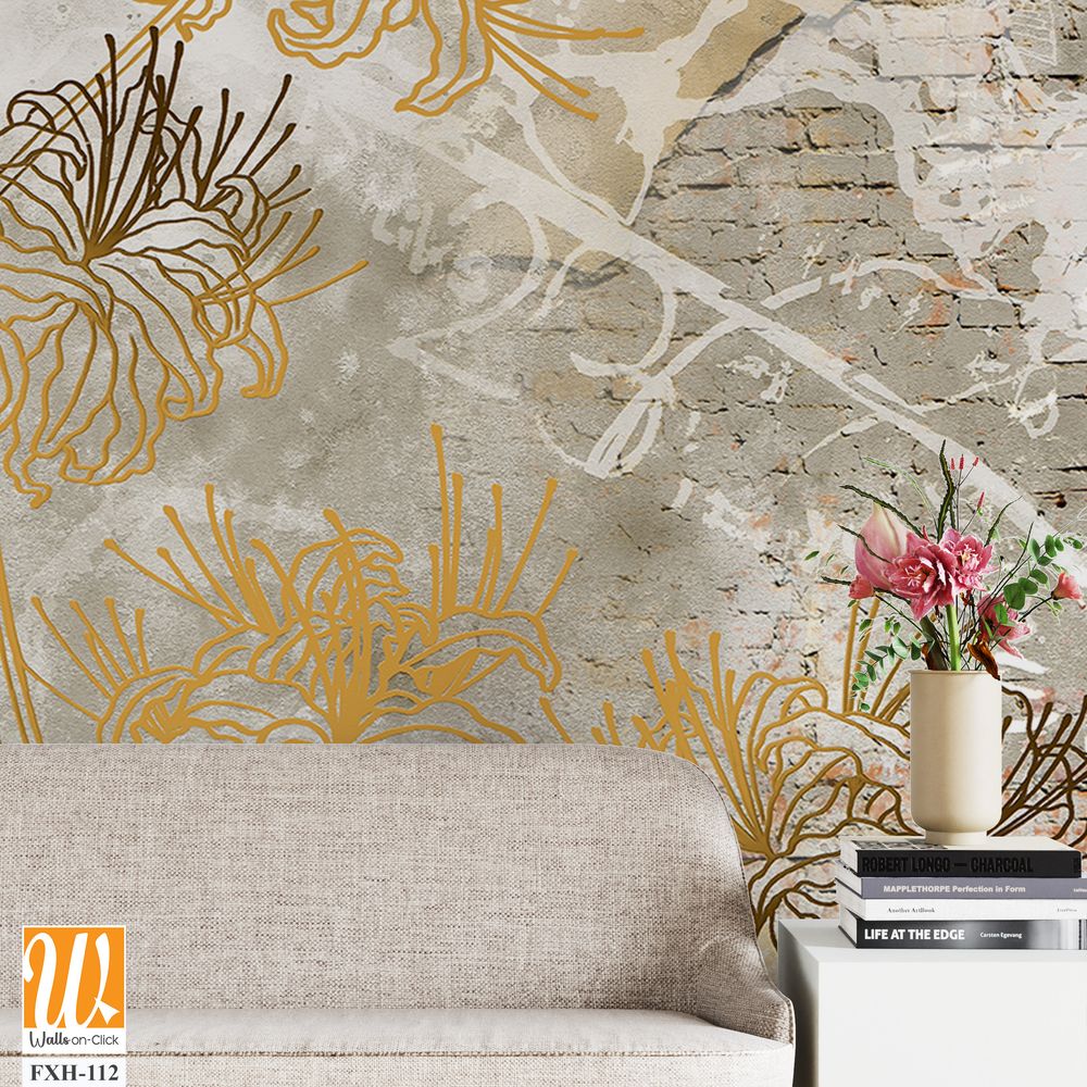 Wall mural, wallpaper design in the loft and modern style. Engraving on the wall. Fresco with flowers on a brick wall. [WP-FXH-112]