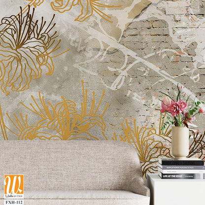 Wall mural, wallpaper design in the loft and modern style. Engraving on the wall. Fresco with flowers on a brick wall. [WP-FXH-112]