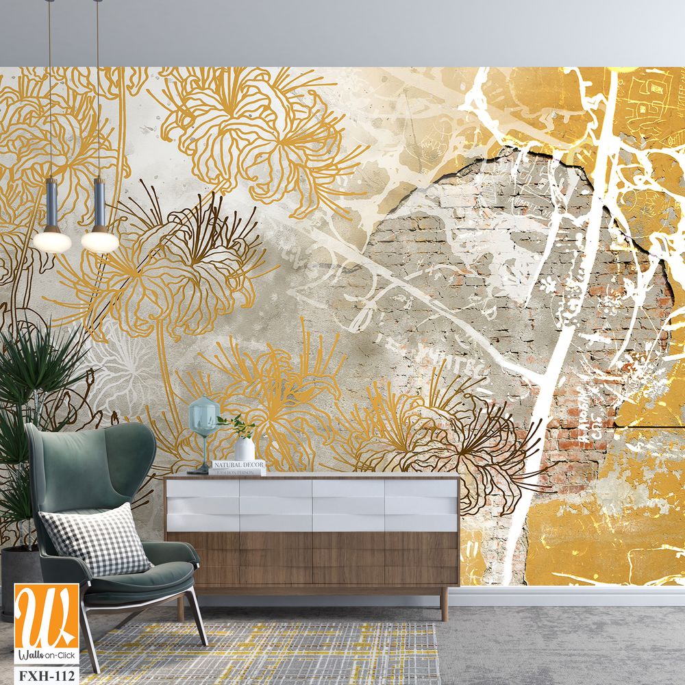Wall mural, wallpaper design in the loft and modern style. Engraving on the wall. Fresco with flowers on a brick wall. [WP-FXH-112]