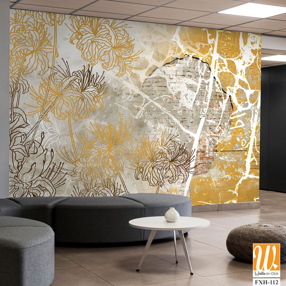 Wall mural, wallpaper design in the loft and modern style. Engraving on the wall. Fresco with flowers on a brick wall. [WP-FXH-112]
