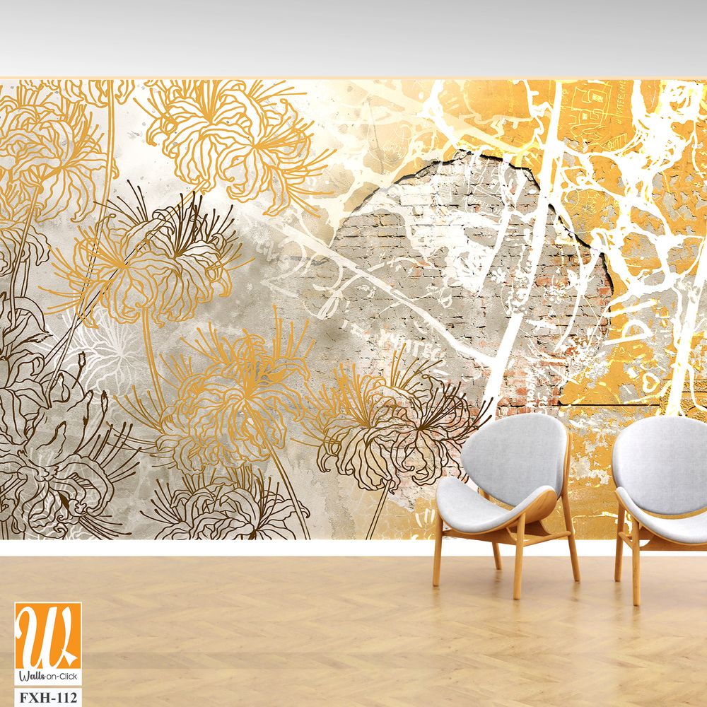 Wall mural, wallpaper design in the loft and modern style. Engraving on the wall. Fresco with flowers on a brick wall. [WP-FXH-112]