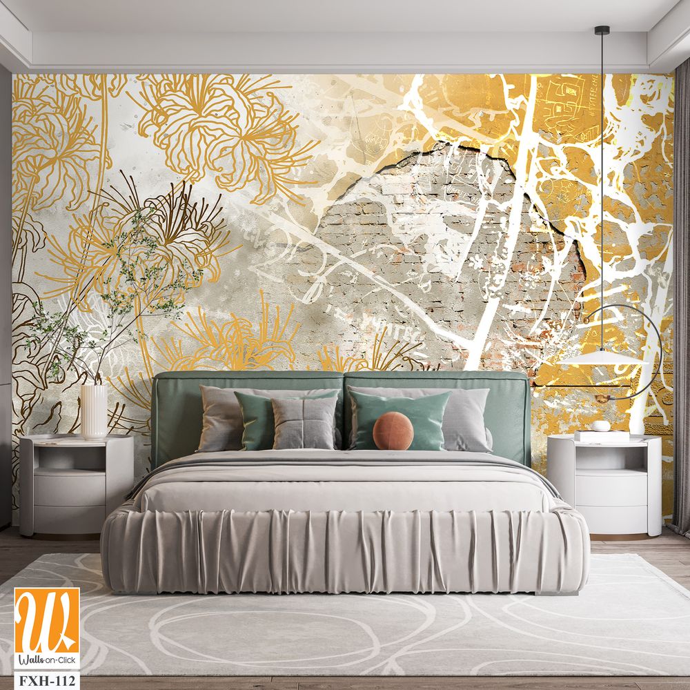 Wall mural, wallpaper design in the loft and modern style. Engraving on the wall. Fresco with flowers on a brick wall. [WP-FXH-112]