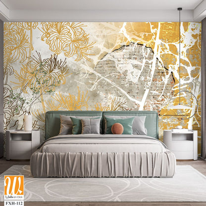 Wall mural, wallpaper design in the loft and modern style. Engraving on the wall. Fresco with flowers on a brick wall. [WP-FXH-112]