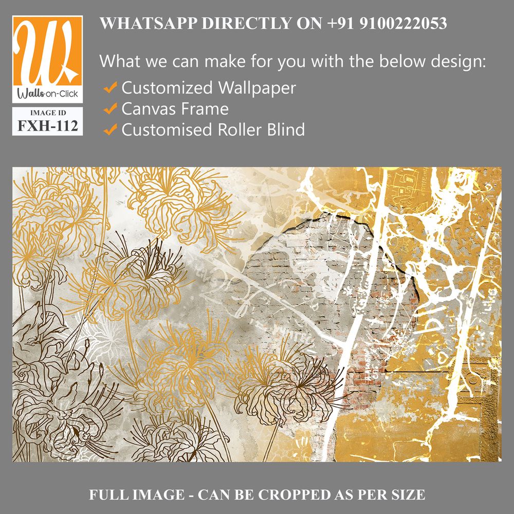 Wall mural, wallpaper design in the loft and modern style. Engraving on the wall. Fresco with flowers on a brick wall. [WP-FXH-112]