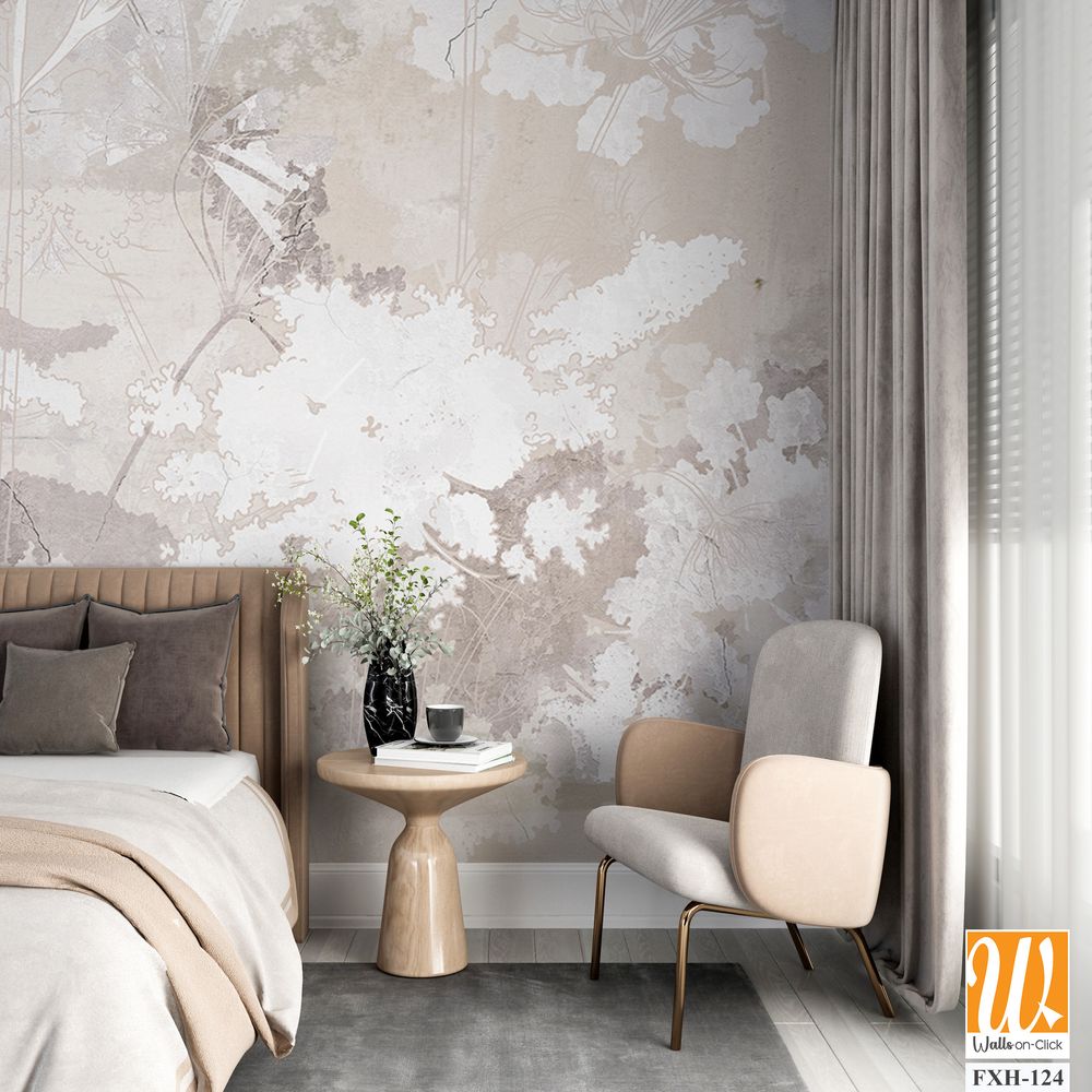 Graphic wildflowers painted on a brown concrete grunge wall. Floral background in loft, modern style. Design for wall mural, card, postcard, wallpaper, photo wallpaper. [WP-FXH-124]