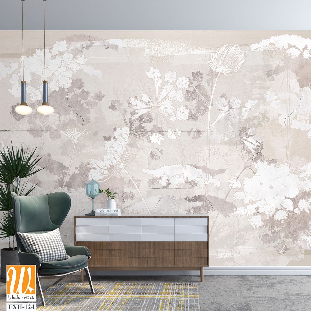 Graphic wildflowers painted on a brown concrete grunge wall. Floral background in loft, modern style. Design for wall mural, card, postcard, wallpaper, photo wallpaper. [WP-FXH-124]