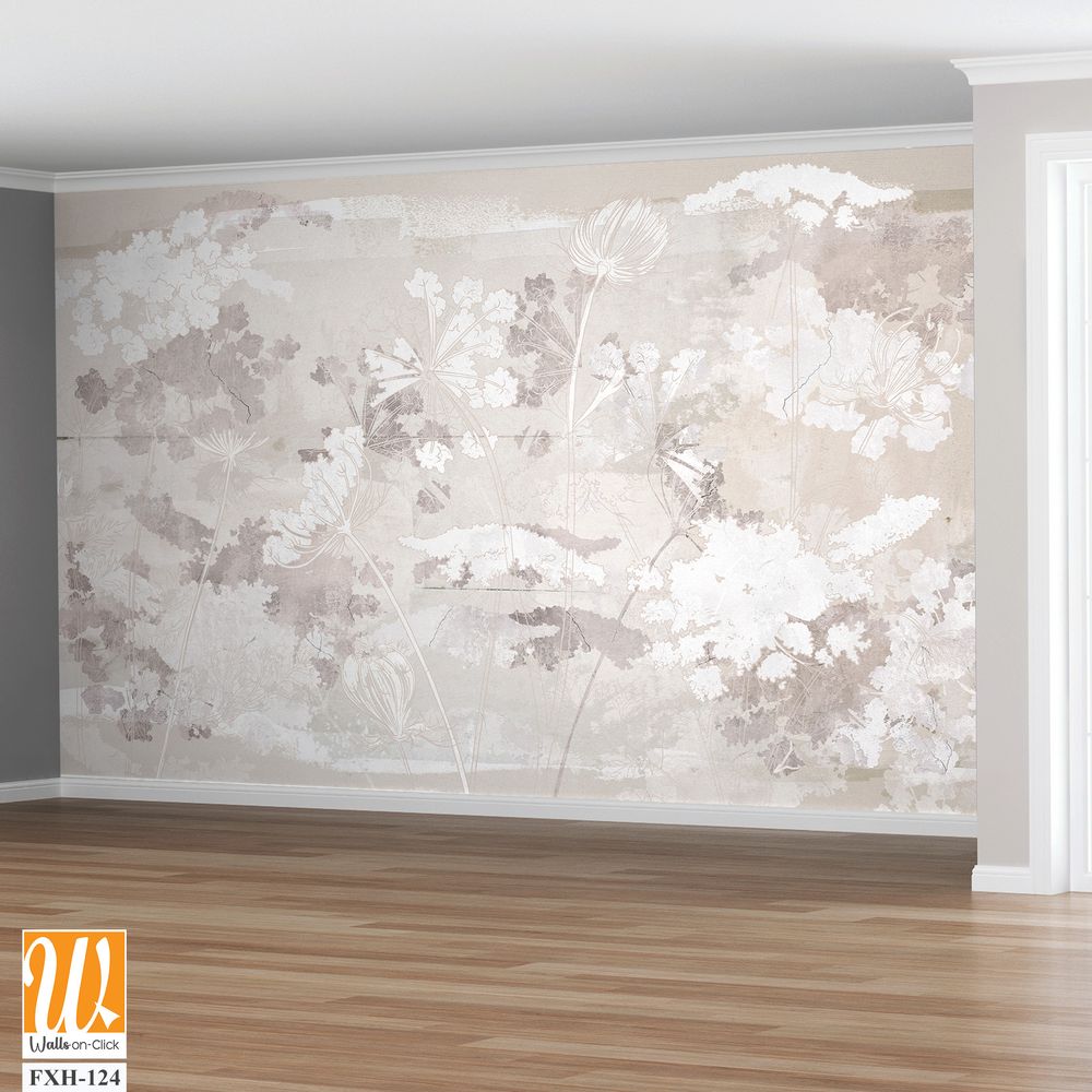Graphic wildflowers painted on a brown concrete grunge wall. Floral background in loft, modern style. Design for wall mural, card, postcard, wallpaper, photo wallpaper. [WP-FXH-124]
