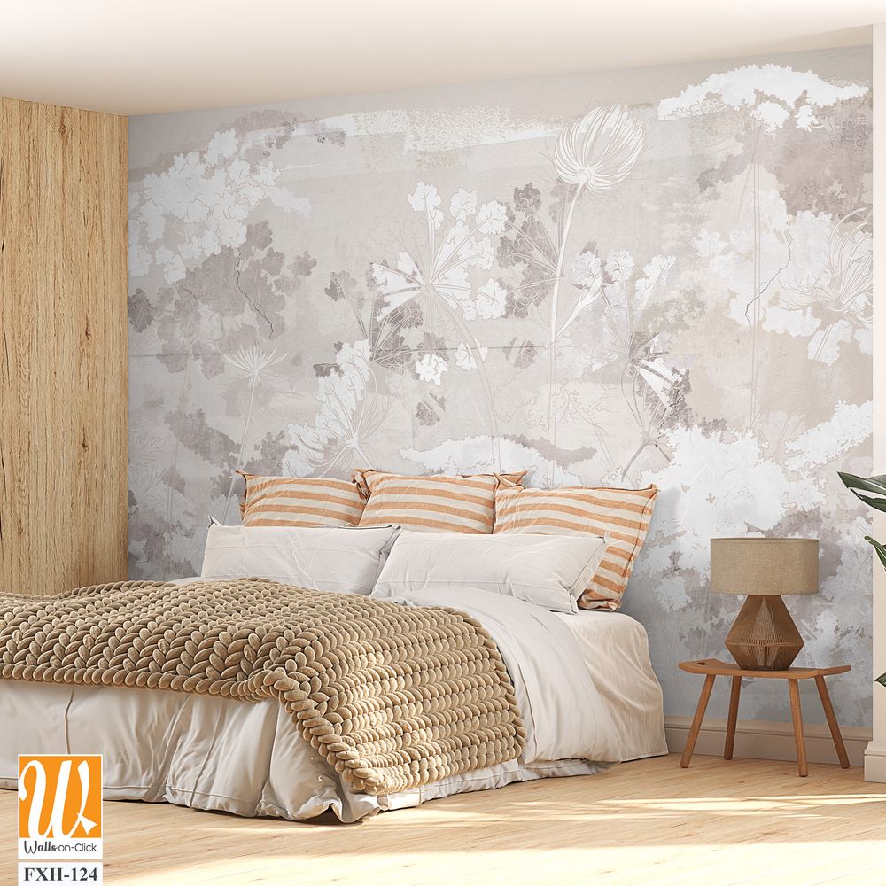 Graphic wildflowers painted on a brown concrete grunge wall. Floral background in loft, modern style. Design for wall mural, card, postcard, wallpaper, photo wallpaper. [WP-FXH-124]
