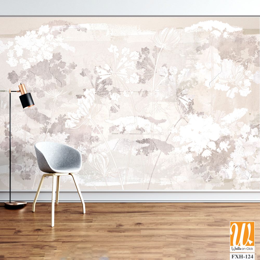 Graphic wildflowers painted on a brown concrete grunge wall. Floral background in loft, modern style. Design for wall mural, card, postcard, wallpaper, photo wallpaper. [WP-FXH-124]