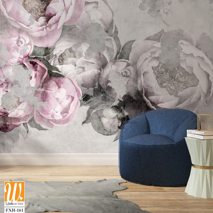 Peonies flowers painted on a concrete grunge wall. Photo wallpaper, wallpaper, mural, card, postcard design in the modern, loft style. [WP-FXH-161]