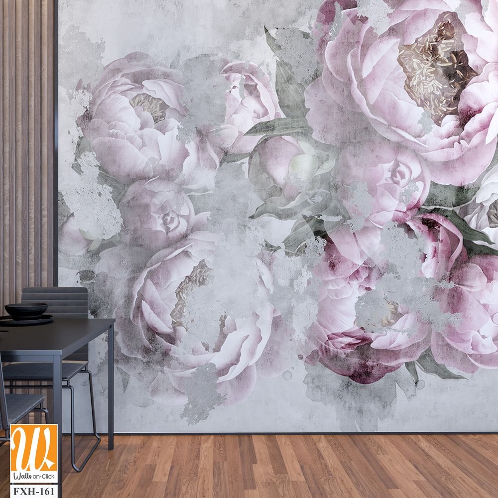 Peonies flowers painted on a concrete grunge wall. Photo wallpaper, wallpaper, mural, card, postcard design in the modern, loft style. [WP-FXH-161]